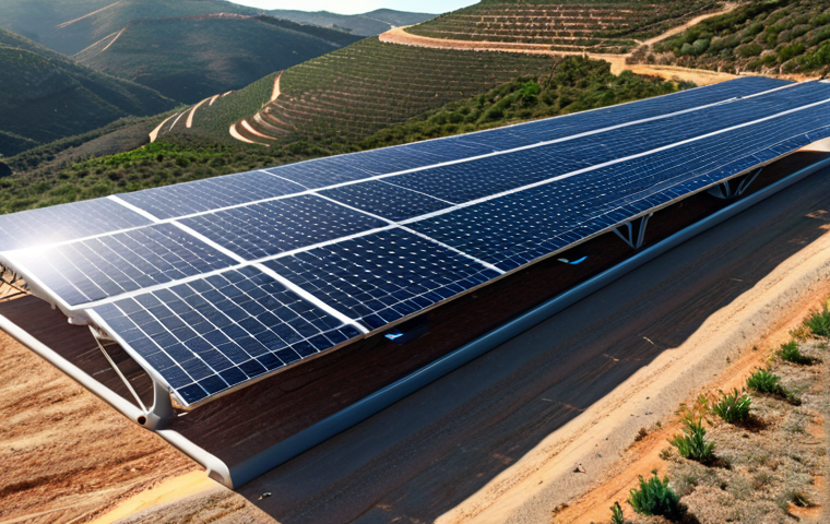 **
"Vast solar panel array in the Algarve region of Portugal, generating clean energy to power a futuristic Hyperloop system. Rolling hills and bright sunshine. Emphasize sustainability and technological advancement."
**