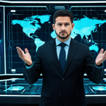 A professional male cybersecurity expert, fully clothed in a modest dark business suit, stands with a natural pose in a futuristic command center. Holographic data displays showing secure network patterns and complex algorithms surround him. His well-formed hands, with proper finger count, rest naturally on a transparent console, conveying a sense of focused oversight. The environment is clean, high-tech, and suggests an advanced transportation control system. This image is safe for work, appropriate content, perfect anatomy, correct proportions, professional photography, high quality.