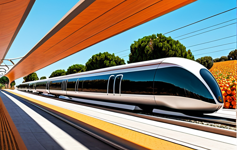 Hyperloop and Regional Development**
"A sleek, modern Hyperloop pod arriving at a futuristic station in the Algarve region of Portugal, surrounded by orange groves and distant beaches, fully clothed passengers exiting, appropriate attire, safe for work, perfect anatomy, natural proportions, professional digital art, high quality."
**
