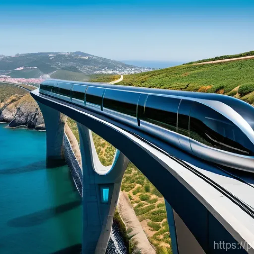 하이퍼루프 개발을 위한 정부 정책 제안 - A breathtaking, high-angle shot of a futuristic Hyperloop capsule elegantly traversing an elevated, ...