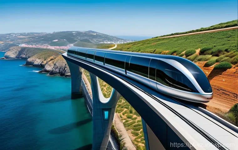 하이퍼루프 개발을 위한 정부 정책 제안 - A breathtaking, high-angle shot of a futuristic Hyperloop capsule elegantly traversing an elevated, ...