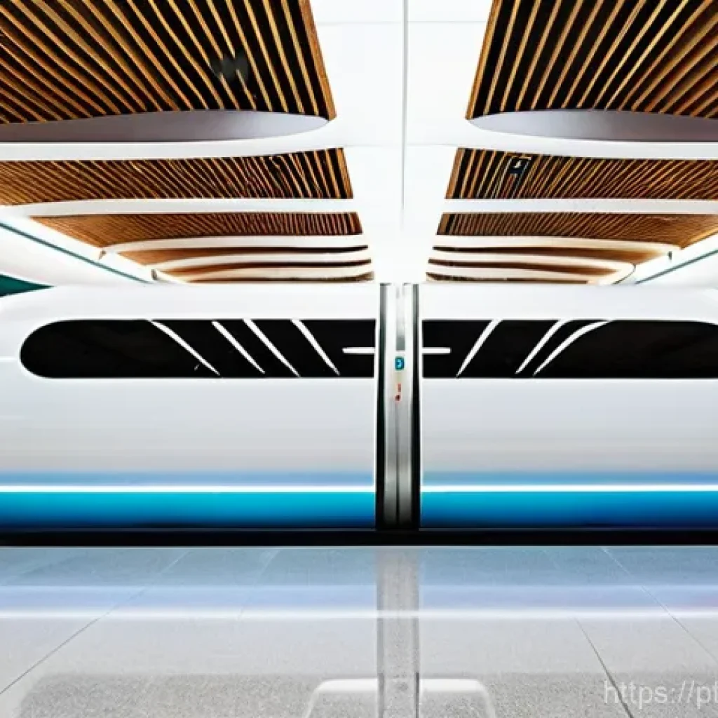 하이퍼루프 시스템의 글로벌 협업 사례 - "A sleek, futuristic Hyperloop capsule, predominantly white with subtle metallic blue accents, is po...