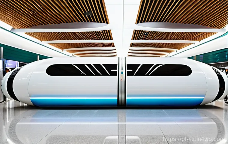 하이퍼루프 시스템의 글로벌 협업 사례 - "A sleek, futuristic Hyperloop capsule, predominantly white with subtle metallic blue accents, is po...