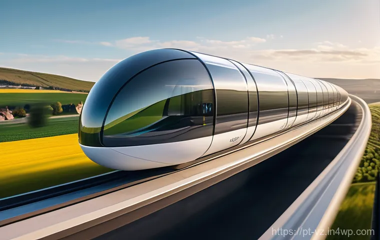 하이퍼루프 시스템의 글로벌 협업 사례 - "A sleek, futuristic Hyperloop capsule, predominantly white with subtle metallic blue accents, is po...