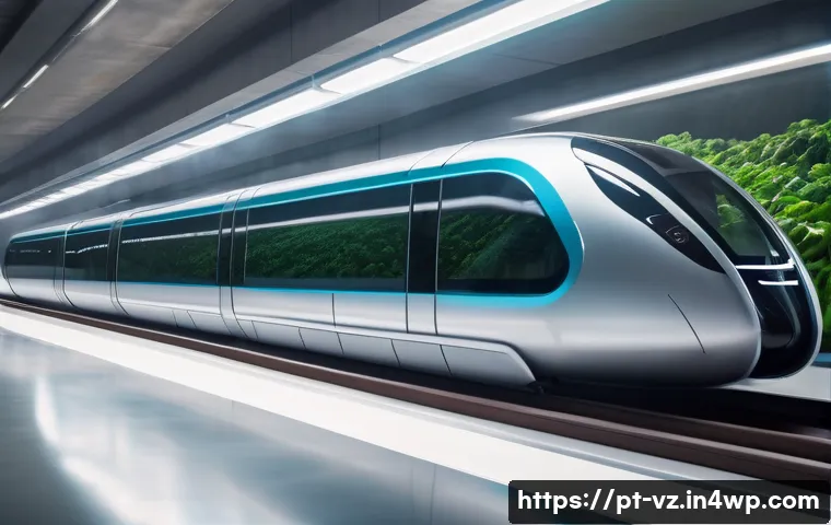 하이퍼루프 교통의 기술 발전을 위한 로드맵 - A futuristic Hyperloop train gliding smoothly inside a sleek, high-tech vacuum tube tunnel with visi...