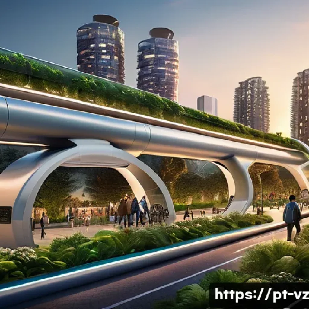 하이퍼루프와 지역 경제 활성화 방안 - A futuristic urban cityscape at dusk featuring sleek Hyperloop tubes elevated above green parks and ...