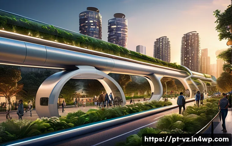 하이퍼루프와 지역 경제 활성화 방안 - A futuristic urban cityscape at dusk featuring sleek Hyperloop tubes elevated above green parks and ...
